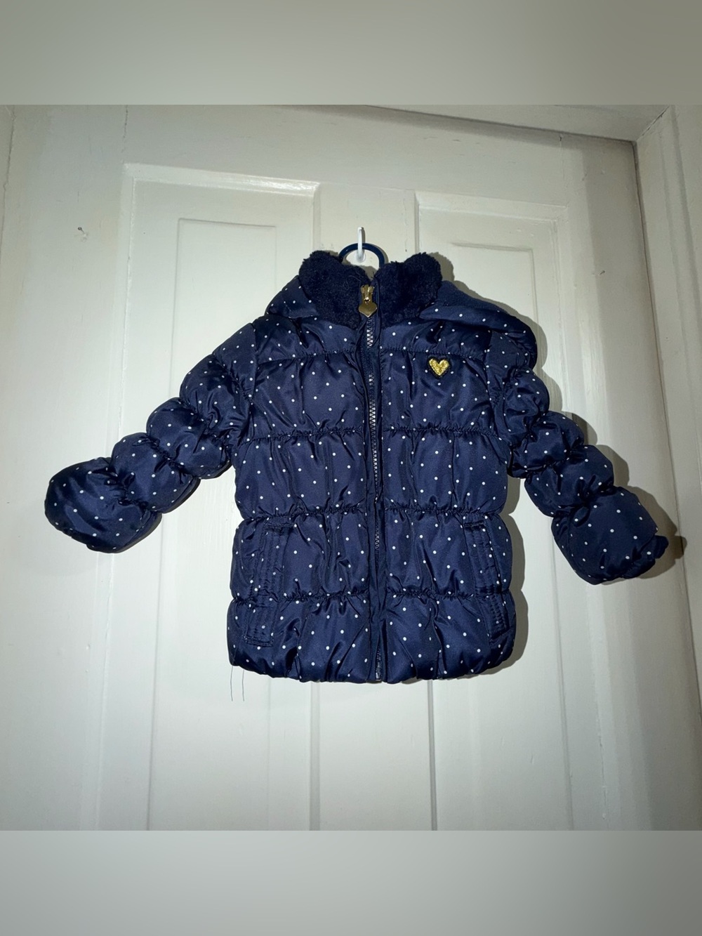 Girls size 12 months coat Navy Polka Dot Puffer Jacket with Hood